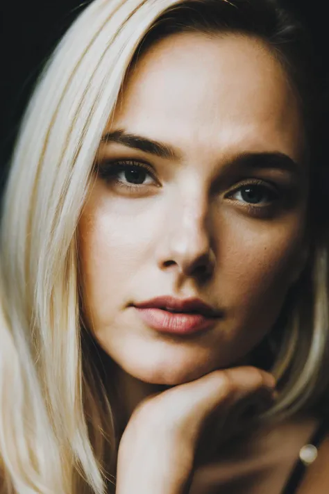face shot of gdt, (serious look), (blonde medium length hair), (hand on chin), Photorealistic, Hyperrealistic, Hyperdetailed, analog style, hip cocked, demure, detailed skin, matte skin, soft lighting, subsurface scattering, realistic, heavy shadow, masterpiece, best quality, ultra realistic, 8k, golden ratio, Intricate, High Detail, film photography, soft focus, detailed skin texture, (blush:0.5), (goosebumps:0.5), subsurface scattering,<lyco:GalGadot-RealVision-V1.0:1.0>