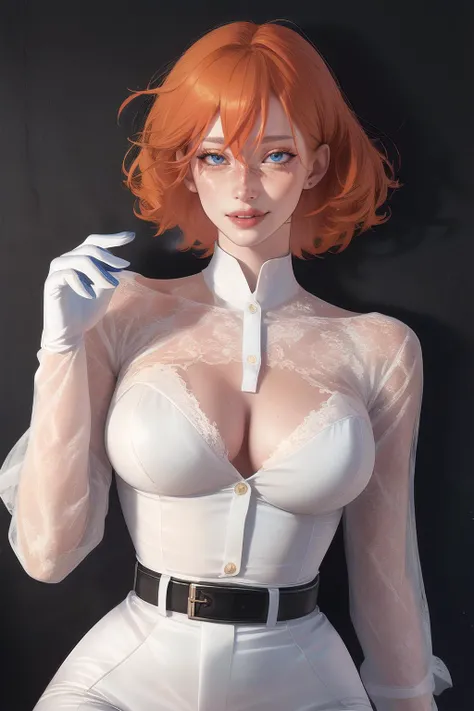 (masterpiece, best quality, hires, high resolution:1.2),1girl,orange hair,smile,short hair,hair between eyes,frecklesv1,freckles,blue eyes,Vibrant colors,su1tju,white shirt,black gloves,belt,bodysuit,<lora:su1tju:0.75>,<lora:detail_slider_v4:1>,