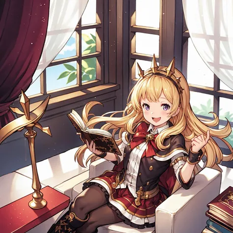 1girl,full body,(laonanren \(base\)),
crossed legs, sitting,
a huge thick open book,
dress,shirt, black legwear, boots
blonde hair,purple eyes,
open mouth,smile,
library, window,
masterpiece, best quality, ultra-detailed, comic, illustration,
<lora:GBF_LNR128_y-000014:0.6>