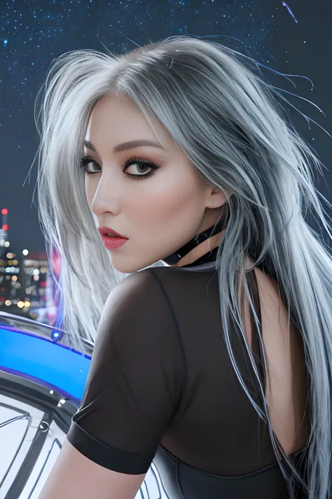(((masterpiece))), ((black stockings)), ((black | lime [hair:steam:0.5] )), ((black torn t-shirt)) ,((goth perfect face)), straight hair,(realistic:1.5),photorealistic, octane render,hyperrealistic,thick thighs,wide hips,huge thighs,(skindentation:1.3),(photorealistic face:1.2),(1girl:1.4),(big breasts:1.1), (big butt:1.2), (epic reaslistic:1.4), (long exposure:1.4), thick eyelashes,long eyelashes,choker,best quality, lust face, back to the viewer,shot on zenit-e,(8k), (Best Quality), extremely detailed, intricate, hyper detailed,(blue | lime neon lighting),(specular lighting:1.4), ((night city background)), (perfect detailed eyes),, realistic, detailed, textured, skin, hair, eyes, by Alex Huguet, Mike Hill, Ian Spriggs, JaeCheol Park, Marek Denko, glamorous , stylish , trendy , by Richard Avedon , Helmut Newton , Mario Testino , Annie Leibovitz , Steven Meisel, futuristic technology , robots , spaceships , by Vitaly Bulgarov , Maciej Kuciara , Jama Jurabaev , Sparth , Karla Ortiz, <lora:ndoshi:0.5>