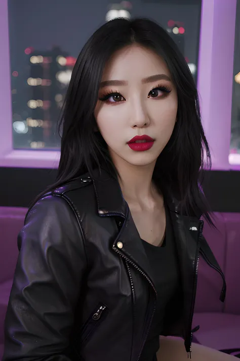 (<lora:ndoshi:0.5>), hyperrealistic, raw, shot on Sony A7R Mark IVA, (kpop makeup1.4), ((perfect detailed eyes:1.4)), (black leather jacket:1.2), (red lipstick), soft light, ((glass)), hyperrealistic reflection, (wide hips), (high platform boots), ((sharp focus)), purple light, (night city background)