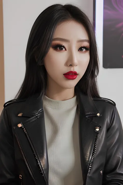 (<lora:ndoshi:0.5>), hyperrealistic, raw, shot on Sony A7R Mark IVA,  (kpop makeup1.4), ((perfect detailed eyes:1.4)), (black leather jacket:1.2), (red lipstick), soft light, ((glass)), hyperrealistic reflection, (wide hips), (high platform boots), ((sharp focus)), purple light