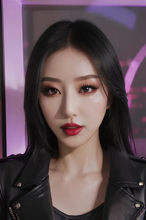 (<lora:ndoshi:0.5>), hyperrealistic, raw, shot on Sony A7R Mark IVA, (kpop makeup1.4), ((perfect detailed eyes:1.4)), (black leather jacket:1.2), (red lipstick), soft light, ((glass)), hyperrealistic reflection, (wide hips), (high platform boots), ((sharp focus)), purple light, (night city background)