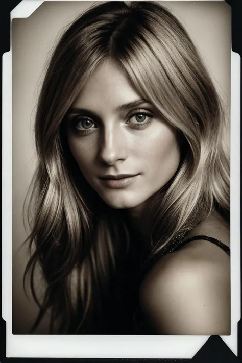 photo of (kb0ck-135:0.99), a woman, closeup portrait, perfect blonde hair, posing, (vintage photo, pajamas), (polaroid frame), 24mm, (tintype:1.1), smiling, (analog, film, film grain:1.3), ((in Barcelona, daylight, gritty)), ((detailed eyes)), (seductive pose), (epicPhoto)