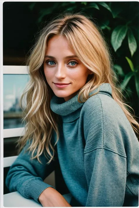 photo of (kb0ck-135:0.99), a woman, closeup portrait, perfect blonde hair, posing, (vintage photo, Oversized Turtleneck, Bermuda Capris), (polaroid frame), 24mm, (tintype:1.1), smiling, (analog, film, film grain:1.3), ((in London, daylight, gritty)), ((detailed eyes)), (seductive pose), (epicPhoto)