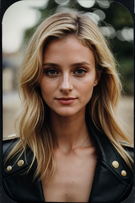 photo of (kb0ck-135:0.99), a woman, closeup portrait, perfect blonde hair, posing, (vintage photo, cropped jacket (bolero)), (polaroid frame), 24mm, (tintype:1.1), smiling, (analog, film, film grain:1.3), ((in Cairo, daylight, gritty)), ((detailed eyes)), (seductive pose), (epicPhoto)
