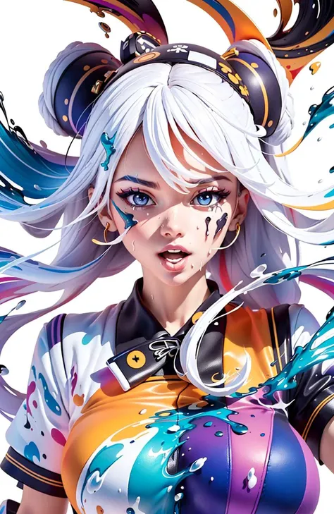 realistic sexy girl with a pretty face, white hair,  purple eyes,(((sexy school uniform))), wearing a stylish very sexy school uniform, with a funny expression on her face. The background is [(white background:1.2),::5] lines ,  (cover-style:1.3), fashionable, woman, vibrant, dynamic,funny