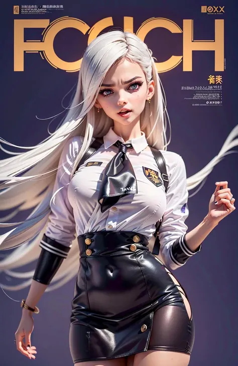 girl with, a pretty face, white hair, purple eyes,(((sexy school uniform))) as the central character. She stands confidently in the center of the page, wearing a stylish very sexy school uniform, with a funny expression on her face. The background is dark, with a sense of danger and intensity.