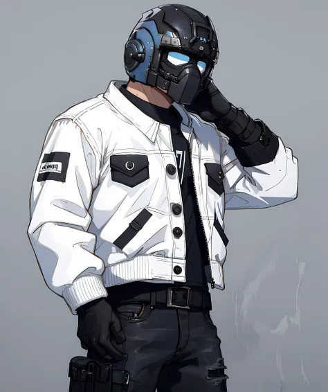 helmet, anthony_carmine, black bomber jacket, black jeans, simple gray background, looking to viewer <lora:Anthony_Carmine:0.7>