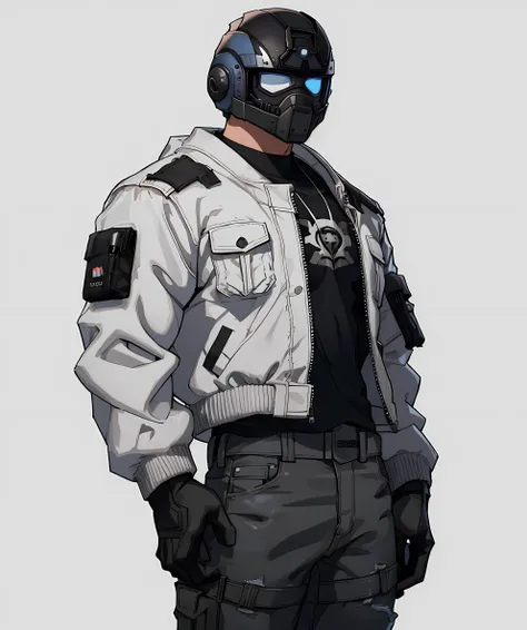 1man, 1boy, male focus, muscular, helmet, anthony_carmine, white bomber jacket, black jeans, (simple gray background:1.3), looking at viewer, standing <lora:Anthony_Carmine:0.7>