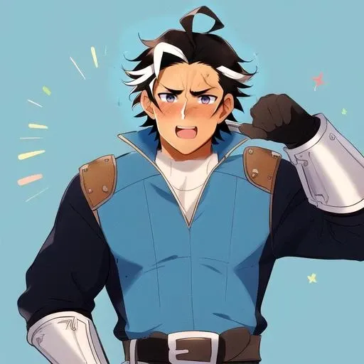 <lora:OlbEisenberg-08:1> olberic, ((flustered)), ((tan skin)), male focus, muscular, scar, scar on forehead, short hair, holding sword, gloves, armor, full body, white streak, hair streak, white hair,belt, hair with 1 streak, black hair with streak, man in late 20s, man in early 30s, long belt, long sword, holding long sword, looking at camera, looking at viewer:1.5, ahoge, blue clothes, smiling, blushing, scratching head, shy:1.4, cute, male, bashful, multicolored hair, gloved hands, open mouth, happy:1.6, hand behind head, gloves, jawline, manly face:1.5, handsome eyes