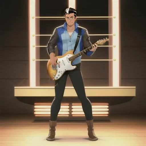 playing guitar:1.7, ahoge:1.8,wearing a leather jacket, playing the guitar, guitar:1.8, <lora:OlbEisenberg-08:0.7> olberic, ((solo)),instrument, black hair:1.4, standing, hair slicked back, spotlight, (full body:1.7), (tan skin), male focus, muscular, scar, scar on forehead, short hair, ((dilf)), white streak, hair streak, white hair, hair with 1 streak, black hair with streak, man in late 20s, man in early 30s, multicolored hair, hands, perfect hands, guitar strap:1.45