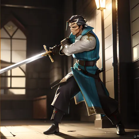 (anime), dilf, (extremely detasiled), (award winning),(masterpiece),((epic)), dramatic, cinematic, (4k),(wallpaper), standing, <lora:OlbEisenberg-08:0.8> olberic, (solo), (brown eyes), ((tan skin)), male focus, slicked back hair, black hair, muscular, scar, scar on forehead, short hair, holding sword, gloves, armor, full body, white streak, hair streak, white hair,belt, swinging blade, fighting, swinging sword:1.5, hair with 1 streak, black hair with streak, holding a sword, longsword, knight, <lora:UnlimitedBladeWorks1.6:1> fighitng stance, holding, stance, sword, longsword