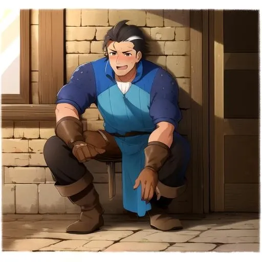 <lora:OlbEisenberg-08:0.7> olberic, leaning, leaning against a wall:1.3, wall, (full body:1.5), (tan skin), male focus, muscular, scar, full body:1.7, in a mediaeval tavern, fantasy tavern,scar on forehead, short hair, holding sword, ((dilf)), white streak, hair streak, white hair, hair with 1 streak, black hair with streak, man in late 20s, man in early 30s, ahoge, blue clothes, smiling, blushing, male, bashful, multicolored hair, gloved hands, open mouth, happy:1.6, hand behind head, gloves, jawline, manly face:1.5, brown leather gloves, 3/4 angle
