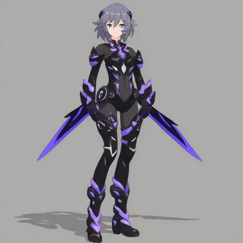 Fu Hua\(Shadow Knight\),honkai 3rd,anime,1girl,solo,face,detailed eyes,smile,full body,shadow,armor,boots,purple gloves,bodysuit,black footwear,grey hair,bangs,short hair,gauntlets,closed mouth,thighhighs,black bodysuit,<lora:honkai_3rd_hua:0.7>,