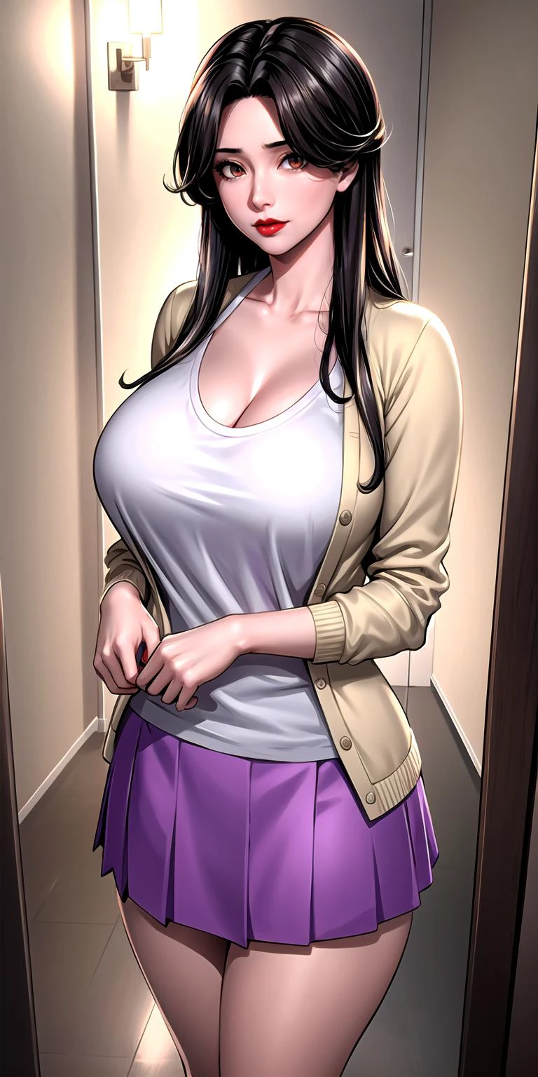 masterpiece:1.5, best quality:1.5, aesthetic, 1girl, solo, sidelocks, ((upper body)), looking at viewer, cinematic lighting, sharp focus,large breasts , mature female, horny ,16k, glowing eyes, detailed 4k eyes,
playground,seduction,sexy lips, parted lips,detailed lips,
red lips,from below, high detailed background,brown eyes,
meredith,zombie retreat,meredith_zr2_v2,, purple skirt,photorealistic, 3d,(anime style),
full body, from from above, cowboy shot, long hair, skirt,white shirt, yellow cardigan, open cardigan, long hair, curvy,collarbone,
detailed bathroom,seductive smile, horny face,black hair,
<lora:add_detail:0.7>
<lora:Meredith_ZR2_V2:0.6>