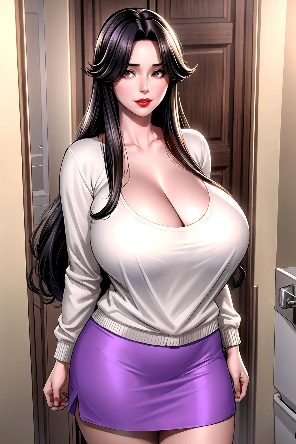 masterpiece:1.5, best quality:1.5, aesthetic, 1girl, solo, sidelocks, ((upper body)), looking at viewer, cinematic lighting, sharp focus,huge breasts , mature female, horny ,16k, glowing eyes, detailed 4k eyes,
playground,seduction,sexy lips, parted lips,detailed lips,
red lips,from below, high detailed background,brown eyes,
meredith,zombie retreat,meredith_zr2_v2,, purple skirt,photorealistic, 3d,(anime style),
full body, from from above, cowboy shot, long hair, long skirt,white shirt, yellow cardigan, open cardigan, long hair, curvy,collarbone, parted bangs, shirt in skirt,
detailed bathroom,seductive smile, horny face,black hair,
<lora:add_detail:0.7>
<lora:Meredith_ZR2_V2:0.6>