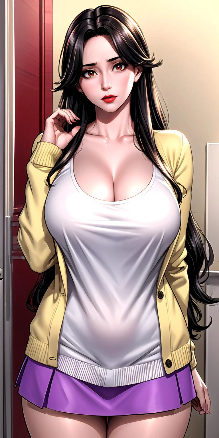 masterpiece:1.5, best quality:1.5, aesthetic, 1girl, solo, sidelocks, ((upper body)), looking at viewer, cinematic lighting, sharp focus,large breasts , mature female, horny ,16k, glowing eyes, detailed 4k eyes,
playground,seduction,sexy lips, parted lips,detailed lips,
red lips,from below, high detailed background,brown eyes,
meredith,zombie retreat,meredith_zr2_v2,, purple skirt,photorealistic, 3d,(anime style),
full body, from from above, cowboy shot, long hair, skirt,white shirt, yellow cardigan, open cardigan, long hair, curvy,collarbone,
detailed bathroom,seductive smile, horny face,black hair,
<lora:add_detail:0.7>
<lora:Meredith_ZR2_V2:0.6>