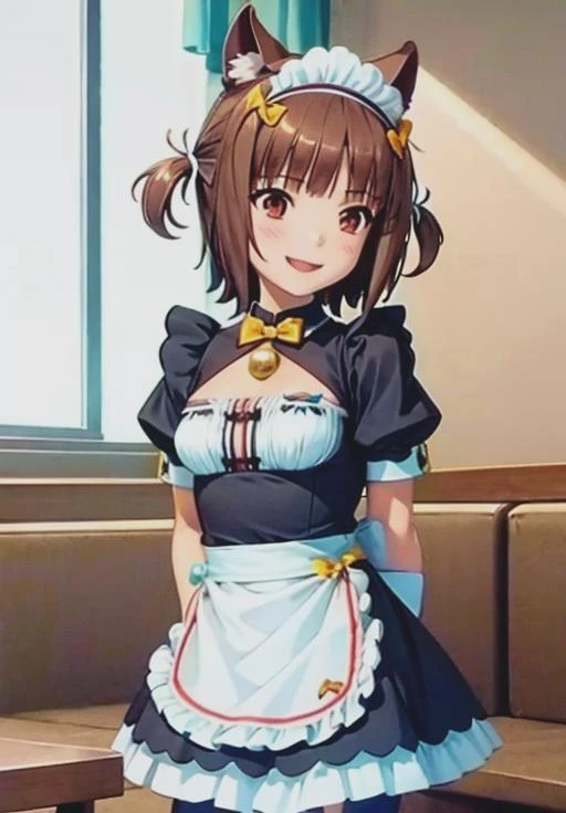 <lora:nekopara:0.8>, NP_Azuki, 1girl, solo, happy, maid, apron, :D