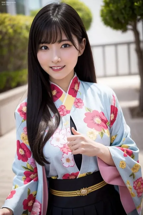Rui Takanashi,1girl,japanese clothes,kimono,solo,black hair,hair ornament,smile,realistic,looking at viewer,blurry background,blurry,floral print,black eyes,head rest,bangs,sexy pose,best quality,masterpiece,illustration,an extremely delicate and beautiful,CG,unity,8k wallpaper,Amazing,finely detail,masterpiece,official art,extremely detailed CG unity 8k wallpaper,incredibly absurdres,huge filesize,ultra-detailed,highres,extremely detailed,beautiful detailed girl,realistic,full frontal,outdoors,turtleneck shirt,skirt,light contrast,<lora:Rui Takanashi_20231017193730:0.8>,