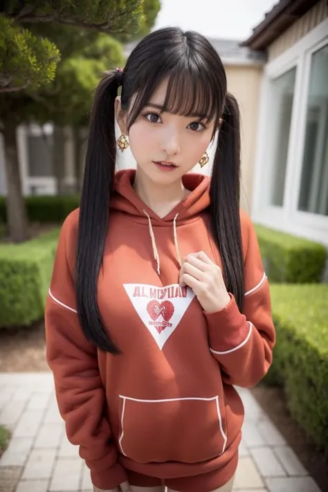 1girl,solo,earrings,jewelry,(red sweatshirt:1.5),black eyes,black hair,twintails,looking at viewer,little red riding hood \(grimm\),bangs,pink nails,red hood,best quality,masterpiece,illustration,an extremely delicate and beautiful,CG,unity,8k wallpaper,Amazing,finely detail,official art,incredibly absurdres,huge filesize,ultra-detailed,highres,extremely detailed,beautiful detailed girl,realistic,full frontal,outdoors,<lora:Rui Takanashi_20231017193730:0.8>,