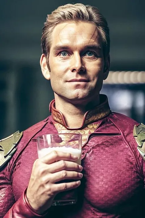 a photo of (sks person:1.2) as homelander drinking a glass of milk, <lora:antonyStarr_v10:1.0>, 
(photo, studio lighting, hard light, sony a7, 50 mm, hyperrealistic, big depth of field, matte skin, pores, wrinkles, concept art, colors, hyperdetailed)