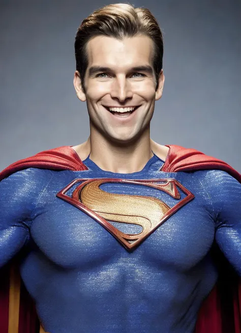 <portrait of laughing sks person as superman, masculine, epic > (photo, studio lighting, hard light, sony a7, 50 mm, hyperrealistic, big depth of field, matte skin, pores, wrinkles, concept art, colors, hyperdetailed)