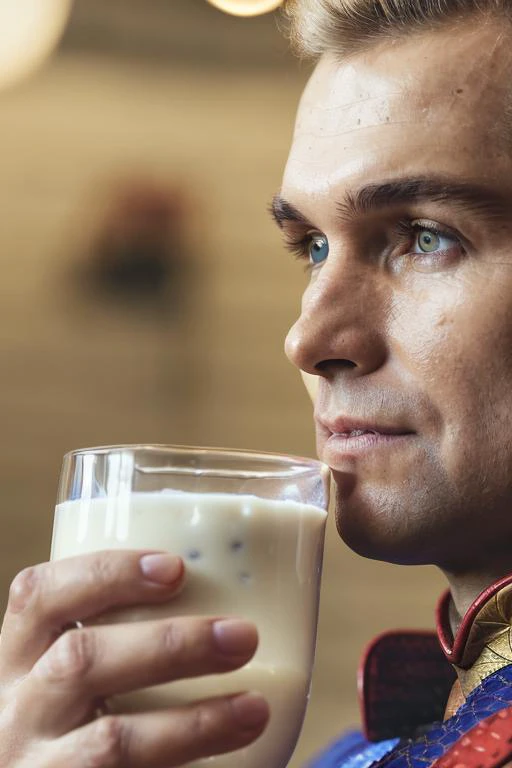 a photo of (sks person:1.2) as homelander drinking a (glass of milk:1.1), <lora:antonyStarr_v10:1.0>, 
(photo, studio lighting, hard light, sony a7, 50 mm, hyperrealistic, big depth of field, matte skin, pores, wrinkles, concept art, colors, hyperdetailed)