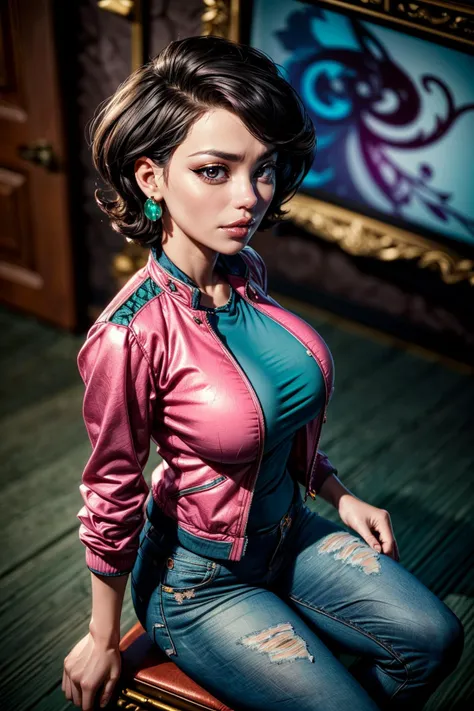 (ultra realistic,32k, masterpiece:1.2),(high detailed skin:1.1),( high quality:1.1),
chinese <lora:Susan Long Retrain:0.8>(sad:1.1),susanlongv1, pink jacket, green shirt, jeans, black eyes, blurry background blurry background,(looking at viewer, sitting, from above:1.1),, (huge breast,large breast:1.1),<lora:add_detail:1>,
(bioluminiscent:1.1),