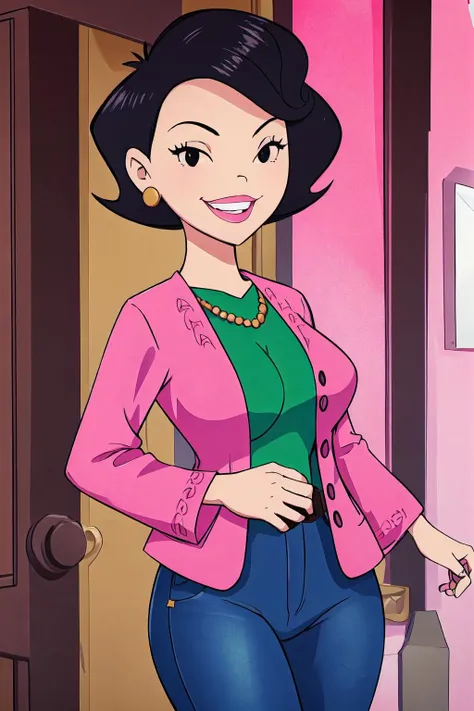 <lyco:Susan Long Retrain-step00001800:1>, susanlongv1, 1girl, cowboy shot, pink jacket, green shirt, jeans, smile, black eyes