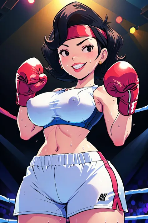 <lyco:Susan Long Retrain-step00001800:1>, susanlongv1, 1girl, cowboy shot, sports bra, headband, boxing gloves, shorts, boxing ring background, smile, black eyes, curvy, volumetric lighting, covered nipples, from below, sweat