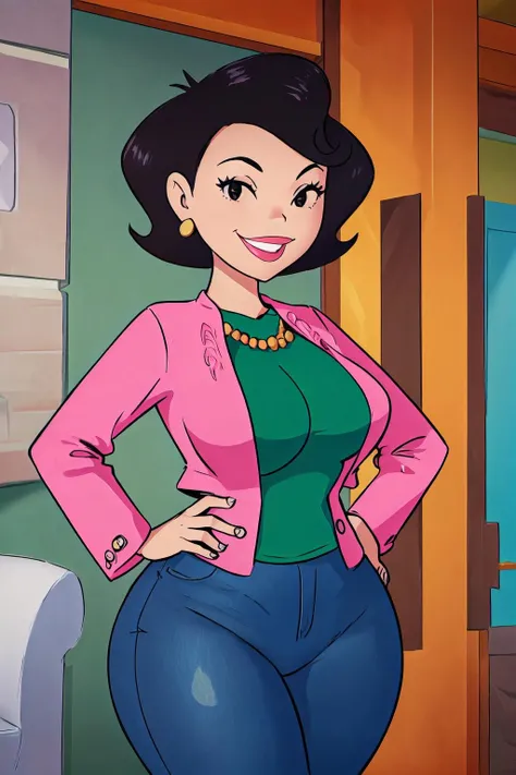 <lyco:Susan Long Retrain-step00001800:1>, susanlongv1, 1girl, cowboy shot, pink jacket, green shirt, jeans, smile, black eyes, hands on hips, curvy