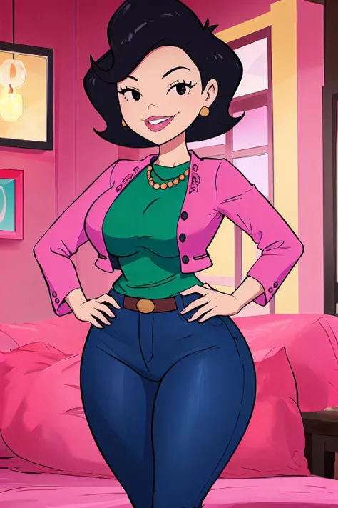 <lyco:Susan Long Retrain-step00001800:1>, susanlongv1, 1girl, cowboy shot, pink jacket, green shirt, jeans, smile, black eyes, hands on hips, curvy