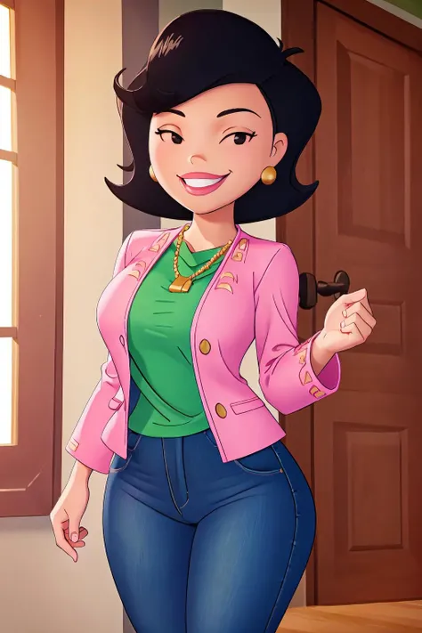 <lyco:Susan Long Retrain-step00001800:1>, susanlongv1, 1girl, cowboy shot, pink jacket, green shirt, jeans, necklace, smile, black eyes, curvy, volumetric lighting