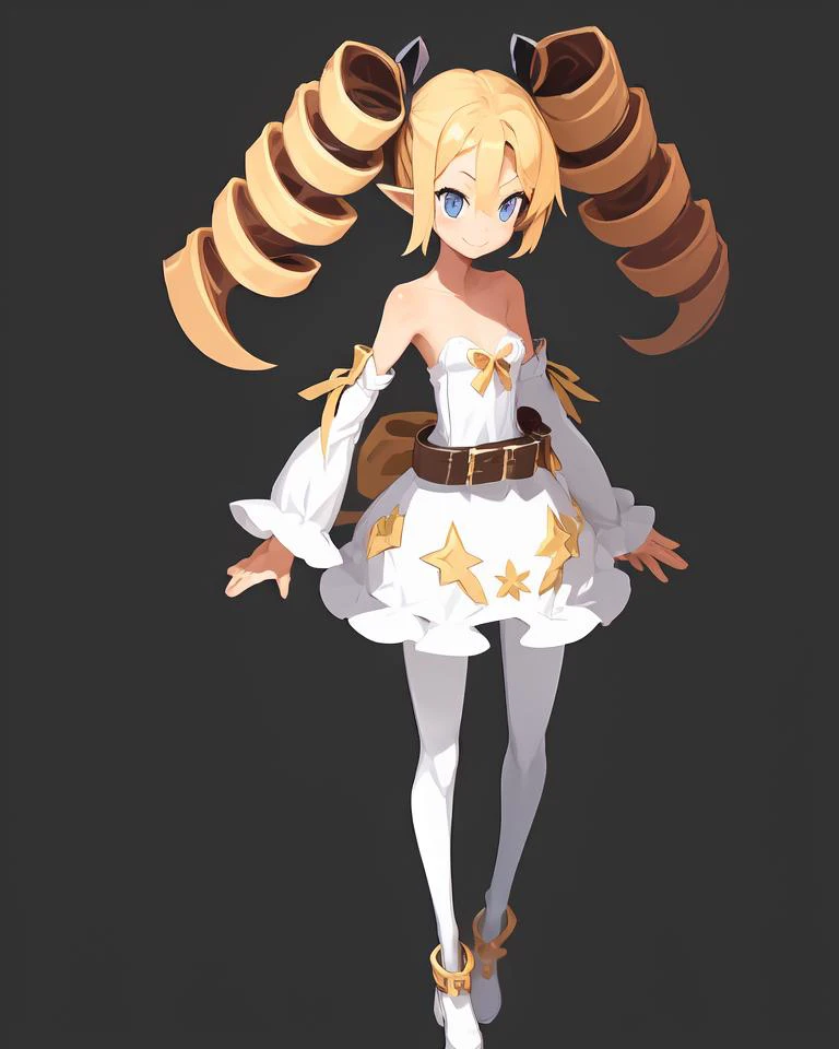 <lyco:Disgaea-NAI-LyCORIS:1>
1girl, solo, drill hair, blue eyes, blonde hair, pointy ears, twintails, dress, bare shoulders, twin drills, long hair, detached sleeves, smile, pantyhose, full body, simple background, white background,  belt