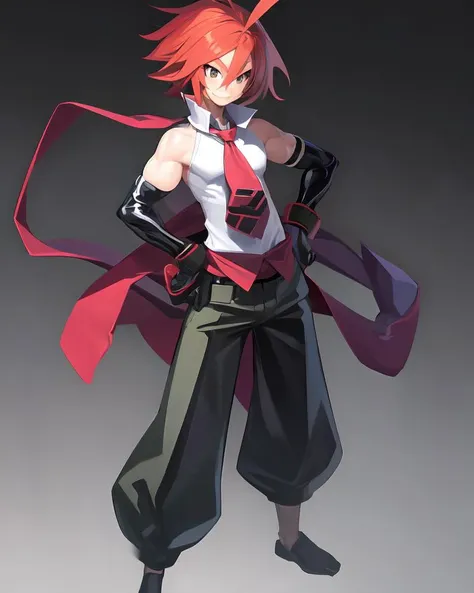 <lyco:Disgaea-NAI-LyCORIS:1>
solo, 1boy, male focus, red hair, necktie, gloves, ahoge, elbow gloves, black background, smile, black eyes, hand on hip, red necktie, pants, simple background, full body, sleeveless