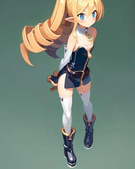 <lyco:Disgaea-NAI-LyCORIS:1>
1girl, solo, thighhighs, blue eyes, pointy ears, drill hair, arms behind back, blonde hair, bare shoulders, white background, simple background, detached sleeves, full body, flat chest, white thighhighs, twin drills, blush, standing, zipper, boots, belt, long hair