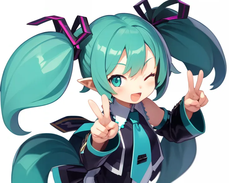<lyco:<lyco:Disgaea-NAI-LyCORIS:0.8>, white background,
1girl, solo, miku hatsune, aqua eyes, aqua hair, twintails, hair_ribbons, pointy ears, arms raised, v, double_peace, smile, open_mouth,eyes_closed
