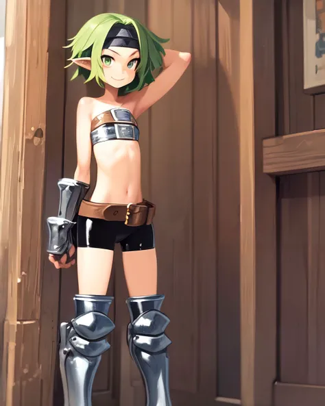 <lyco:Disgaea-NAI-LyCORIS:0.8>
1girl, solo, standing, arms_behind_head, beltbra, smile, bike_short, beltskirt, headband, short green hair, pointy ears, flat chest, belt, armored boots, midriff