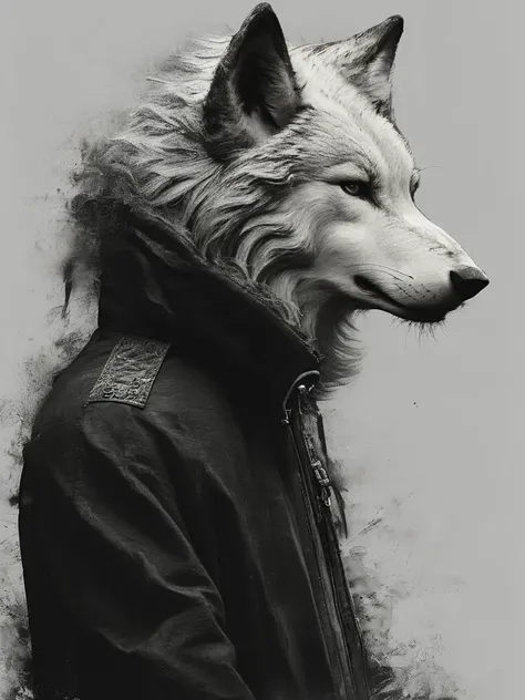 ((masterpiece)), ((best quality)), 8k, high detailed, ultra-detailed,fenliexl,surrealism,  monochrome,solo, 1boy, from side, wolf head, profile, furry male, furry, <lora:XSfenlie:1>