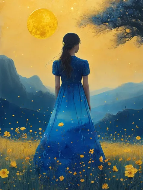 ((masterpiece)), ((best quality)), 8k, high detailed, ultra-detailed,fenliexl,surrealism, 1girl, dress, solo, flower, scenery, outdoors, blue dress, long hair, sky, from behind, signature, tree, cloud, field, black hair, standing, nature, yellow flower, short sleeves, glowing, facing away, light particles, mountain <lora:XSfenlie:1>
