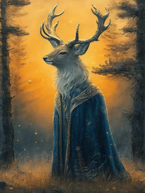 Centaur，Druid，Deer antlers on the head，Green shawl，Crystal Ball，flat chest，Background with forest