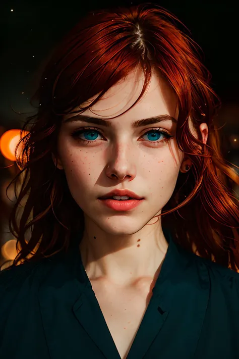 a close up of a woman with red hair and blue eyes