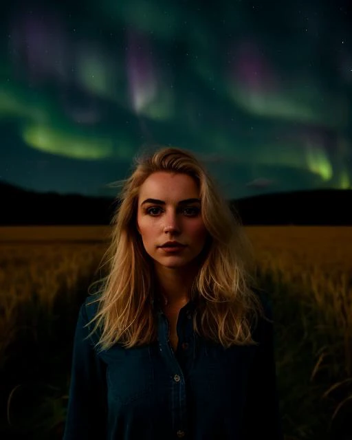 <lora:Offset_Noise_Lora:1>dreamy close-up underexposed (portrait photography:1.3) of a young blonde woman in a field (at night:1.2), silhouette, (dark,:1.2) moody, hazy, at night, , (cinematic lighting:1.2) starry sky, nebulae, aurora borealis, noisy