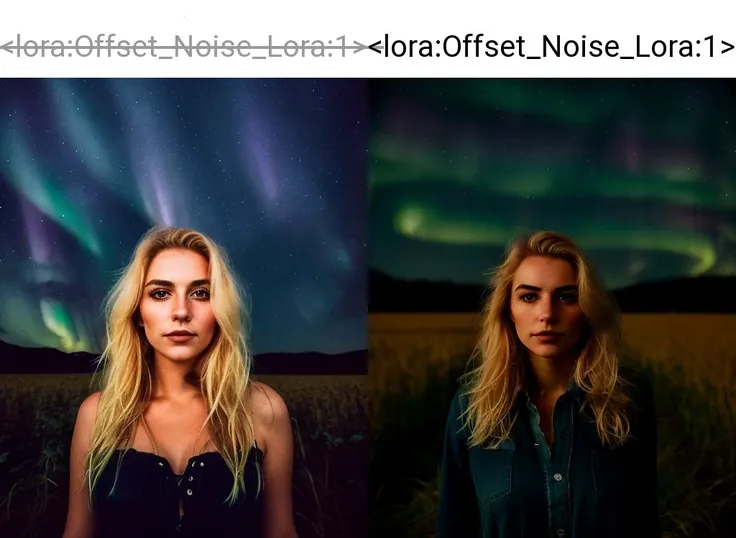 dreamy close-up underexposed (portrait photography:1.3) of a young blonde woman in a field (at night:1.2), silhouette, (dark,:1.2) moody, hazy, at night, , (cinematic lighting:1.2) starry sky, nebulae, aurora borealis, noisy
