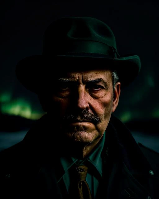 dreamy close-up underexposed (portrait photography:1.3) of an old detective (at night:1.2), silhouette, (dark,:1.2) moody, hazy, at night, , (cinematic lighting:1.2) starry sky, nebulae, aurora borealis, noisy , <lora:Offset_Noise_Lora:1>