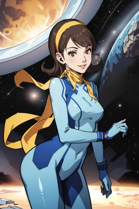 (masterpiece, best quality:1.2), 1girl, cowboy shot, smile, <lora:zs_Terauchi:1> terauchip3, brown hair, medium hair, brown eyes, scarf, hairband <lora:zerosuit-nvwls-v1:1> zero suit, blue gloves, high heels, space station, science fiction