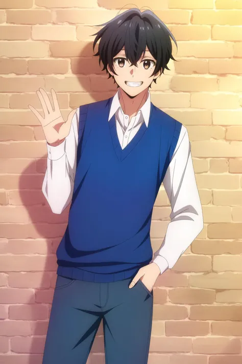 masterpiece, best quality, yoshikazu_miyano, 1boy, cowboy shot, against wall, brick wall, looking at viewer, black hair, brown eyes, happy, grin, white shirt, blue sweater vest, blue pants, hand in pocket, hand up, waving,