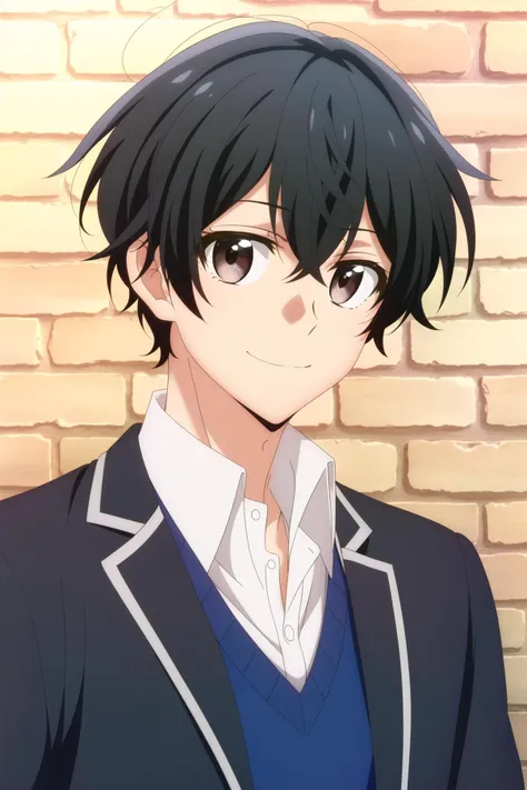 masterpiece, best quality, yoshikazu_miyano, 1boy, portrait, upper body, against wall, brick wall, looking at viewer, black hair brown eyes, light smile, school uniform,