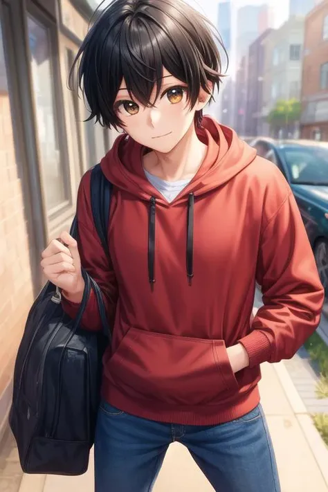 masterpiece, best quality, , 1boy, solo, male focus, looking at viewer, , , <lora:yoshikazu_miyano:0.68>, yoshikazu_miyano, black hair, brown eyes, hoodie,